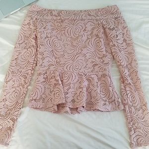 BCBG MaxAzria off the shoulder pink lace top